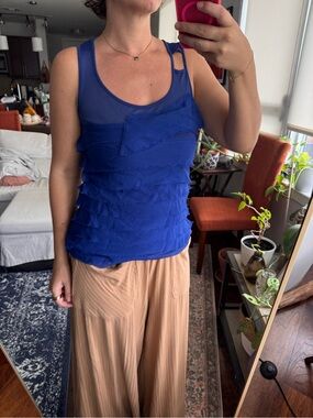 Adolfo Dominguez Blue Sheer Mesh Ruffle Scoop Neck Sleeveless Tank Top M